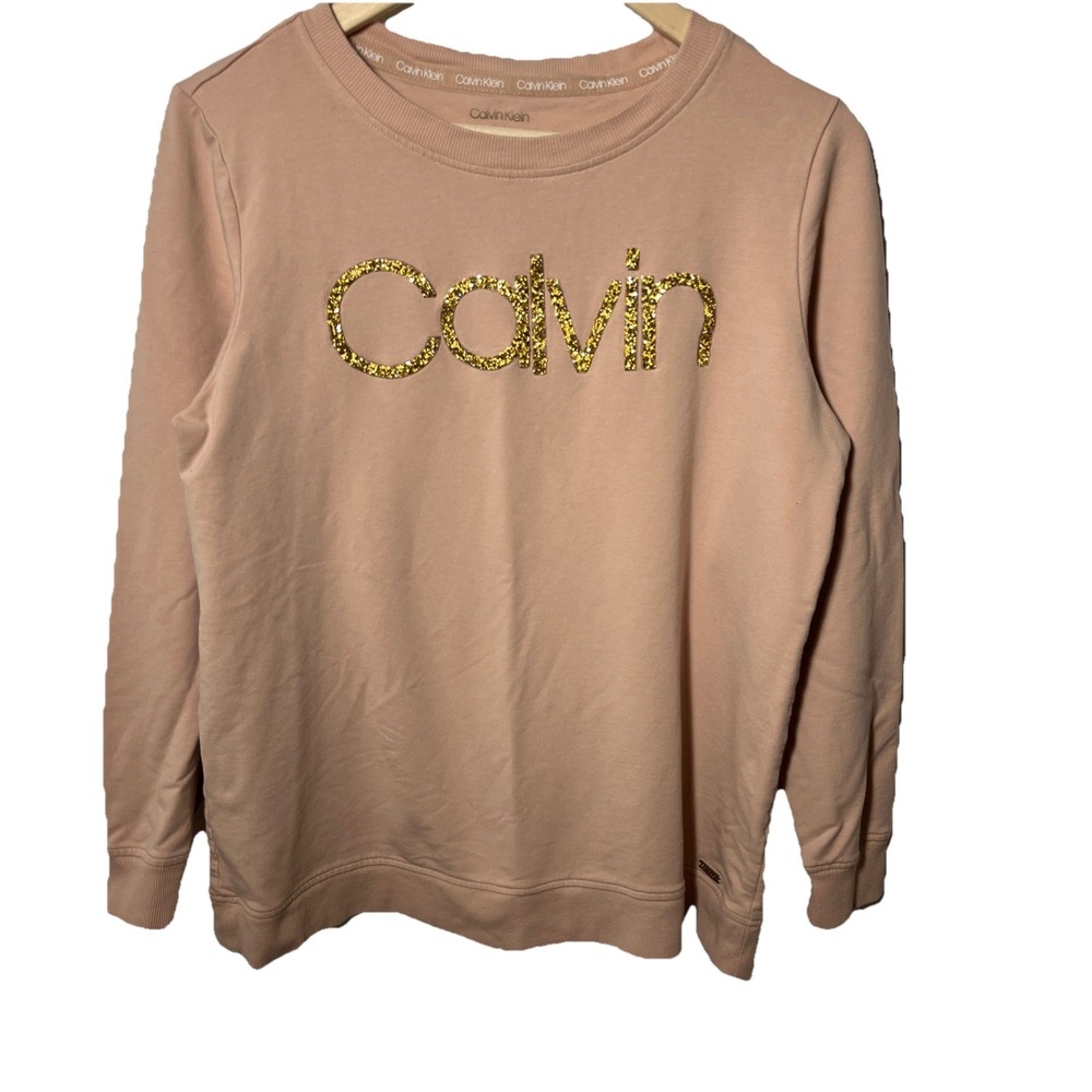 Calvin Klein Womens Gold Glitter Logo Sweatshirt Blush Pink Crew Neck Medium
